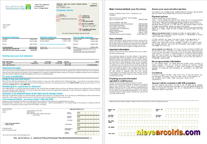 UAE Commercial Bank mortgage statement, 2 pages